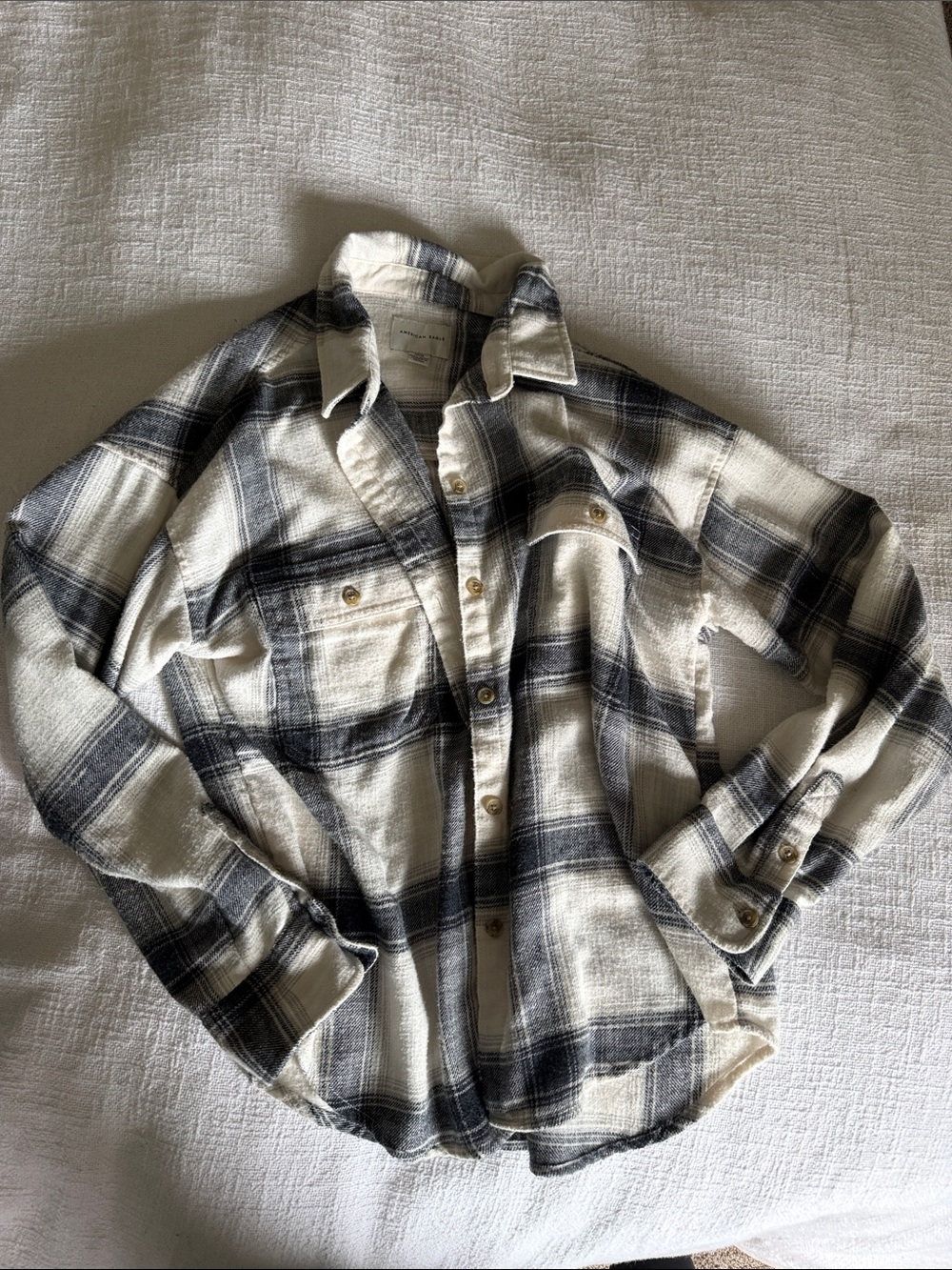 American Eagle Outfitters Cream and Black Plaid Button-Down Shirt